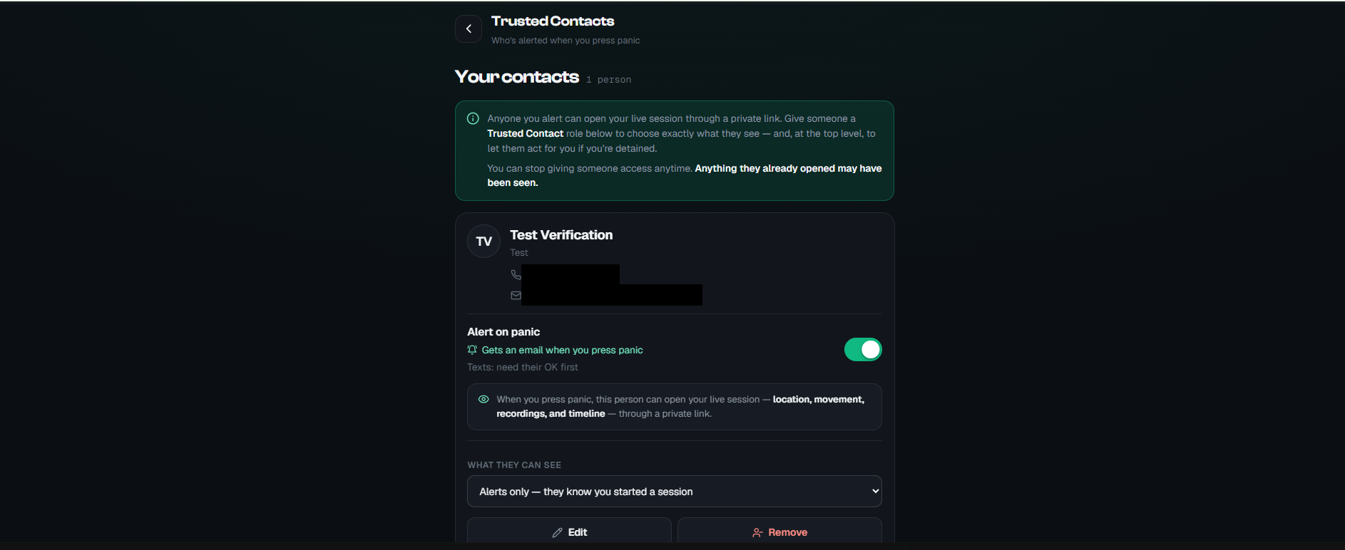 The Stand Sure Trusted Contacts screen. A saved emergency contact shows an 'Alert on panic' toggle switched on, the line 'Gets an email when you press panic', and beneath it 'Texts: need their OK first'.